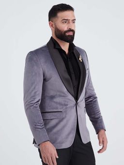 MR BUTTON - Men Grey Solid Slim Fit Single Breasted Velvet Blazer