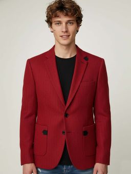 MR BUTTON - Men Red Slim Fit Single Breasted Tweed Casual Blazer