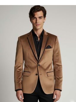 MR BUTTON - Men Brown Slim Fit Single Breasted Velvet Blazer