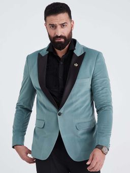 MR BUTTON - Men Green Slim Fit Velvet Tuxedo Blazer