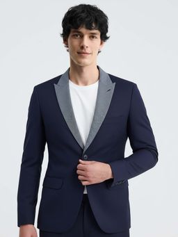 MR BUTTON - Men Navy Blue Solid Slim Fit Single Breasted Party Blazer