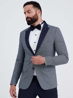 MR BUTTON - Men Navy Blue Checked Slim Fit Single Breasted Party Blazer