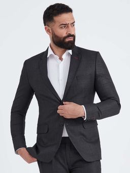 MR BUTTON - Men Charcoal Grey Checked Single Breasted Slim Fit Formal Blazer