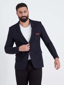 MR BUTTON - Men Blue Solid Single Breasted Slim Fit Casual Blazer
