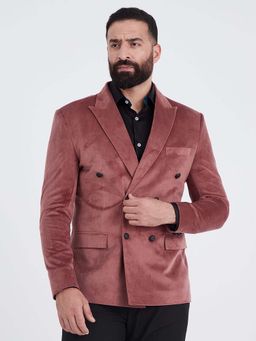 MR BUTTON - Men Rose Pink Solid Double Breasted Velvet Blazer