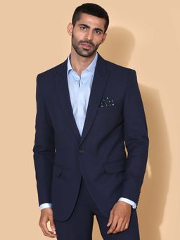 MR BUTTON - Men Navy Blue Tailored Fit Single Breasted Formal Blazer
