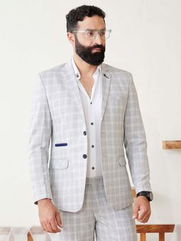MR BUTTON - Men Grey Checked Tailored Fit Single Breasted Formal Blazer
