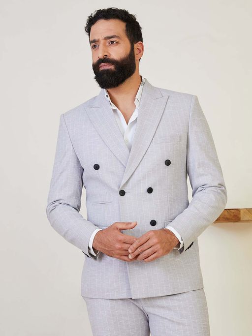 MR BUTTON Striped Tailored Fit Grey Double Breasted Blazer