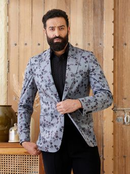 MR BUTTON - Men Grey Printed Tailored Fit Single Breasted Blazer