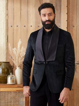 MR BUTTON - Black Tailored Fit Velvet Tuxedo Blazer