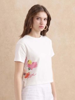 RAREISM - Janol Off White Floral Print Regular Cropped T-Shirt