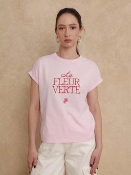 RAREISM - Somrit Light Pink Typography Regular T-Shirt