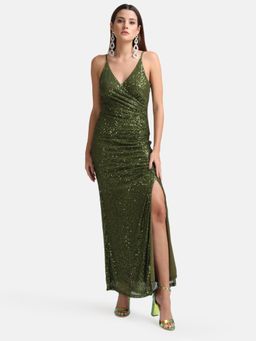 Kazo - x Janhvi Kapoor Olive Sequin Wrap Maxi Dress