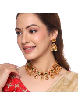 Yellow Chimes - Gold-Plated and Pink and Green Artificial Stones Studded Jewellery Set