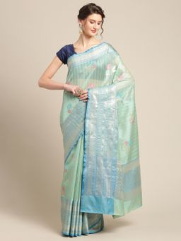Banarasi Silk Works - Mulberry Woven Saree Green with Unstitched Blouse