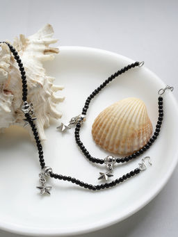 PANASH - Oxidized Silver-Plated Black Beaded Star Shaped Handcrafted Anklets