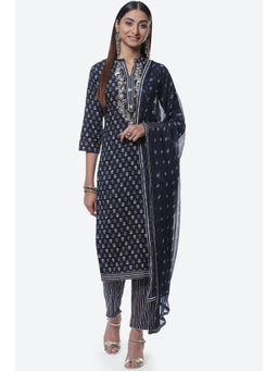 Biba - Blue Cotton Unstitched Suit (Set of 3)