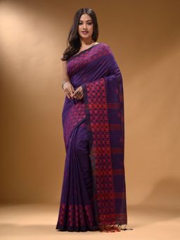 Arhi - Purple Cotton Handspun Soft Geometric Border Saree with Unstitched Blouse