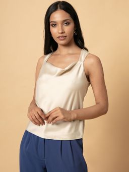 Twenty Dresses by Nykaa Fashion - Off White Solid Cowl Neck Satin Crop Top