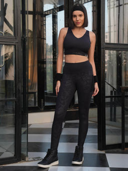 SOIE - Black Printed Skinny Fit Sports Bra and Leggings (Set of 2)