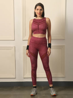 SOIE - Maroon Printed Skinny Fit Sports Bra and Leggings (Set of 2)