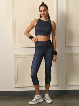 SOIE - Navy Blue Printed Skinny Fit Sports Bra and Leggings (Set of 2)