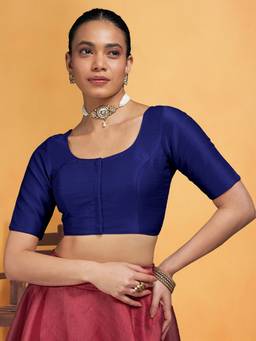 Trendmalls - Women's Navy Blue Dobby Pure Cotton Elastin Stretchable Blouse