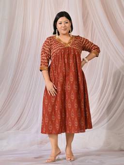Desi Noor - Rust Ikkat Print Cotton Dress