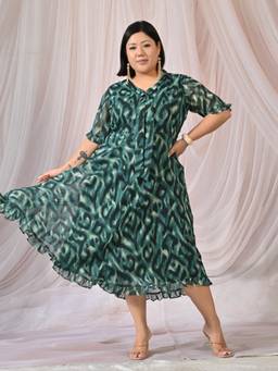 Desi Noor - Abstact Print Green Chiffon Knot Dress