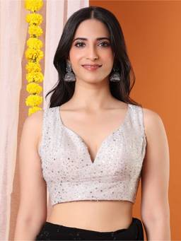 SALWAR STUDIO - Embellished Sweetheart Neck Padded Silver Blouse