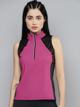 Fitkin - Womens Black & Plum Mesh Colorblock Slim Fit Tennis T-shirt