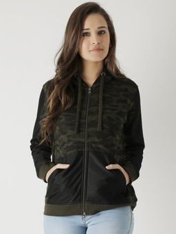 Club York - Women Olive Green Black Printed Hooded Sweatshirt