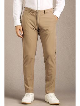 Louis Philippe - Men Khaki Solid Flat Front Casual Trouser