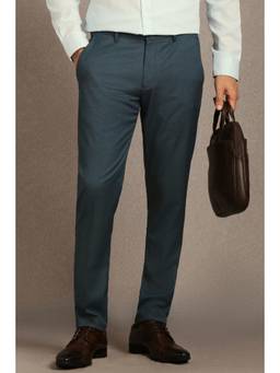Louis Philippe - Men Teal Textured Flat Front Formal Trouser
