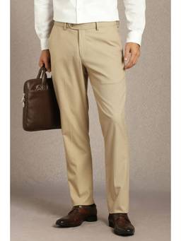 Louis Philippe - Men Beige Textured Flat Front Formal Trouser