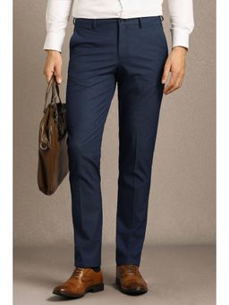Louis Philippe - Men Navy Textured Flat Front Formal Trouser