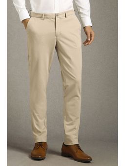 Louis Philippe - Men Beige Textured Flat Front Formal Trouser