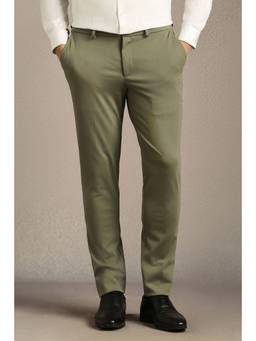 Louis Philippe - Men Olive Solid Flat Front Formal Trouser
