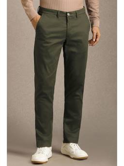 Louis Philippe - Men Olive Solid Flat Front Casual Trouser