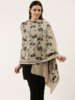 Pashmoda - Women Beige Pure Wool Embroidered Shawl