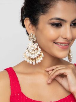 Indya - Gold White Crystal Encrusted Pearl Drop Dangler Earrings