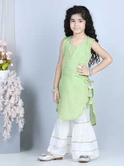 Kinder Kids - Green Gold Jacquard Kurti With Tassles Paired With Sharara (Set of 2)