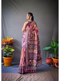 EXCLUSIVA - Pink Kalamkari Print Cotton Saree with Unstitched Blouse