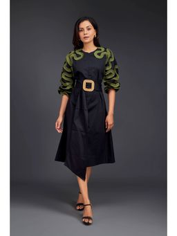 Deepika Arora - Black Midi Dress with Belt (Set of 2)