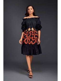 Deepika Arora - Black Off Shoulder Dress (Set of 2)