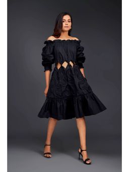 Deepika Arora - Black Off Shoulder Dress (Set of 2)