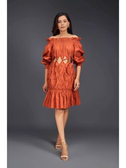 Deepika Arora - Rust Off Shoulder Dress (Set of 2)