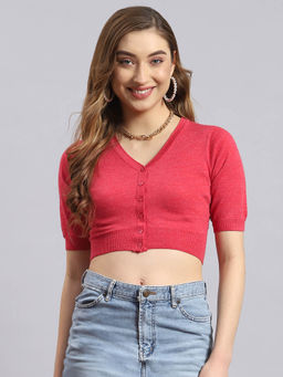 Monte Carlo - Peach Solid Half Sleeves V-Neck Cardigan