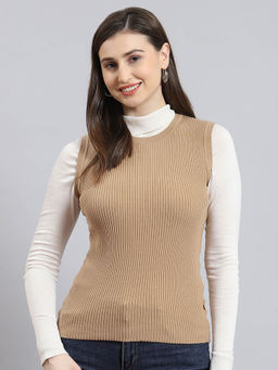 Monte Carlo - Brown Solid Sleeveless Round Neck Sweater