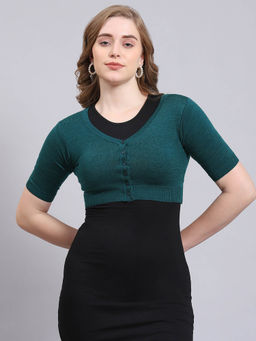 Monte Carlo - Teal Solid Half Sleeves V-Neck Cardigan